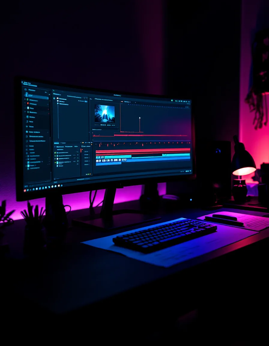 The studio's editing desk at dusk, a timeline of magenta clips glowing on the monitor beside a pencil-marked script
