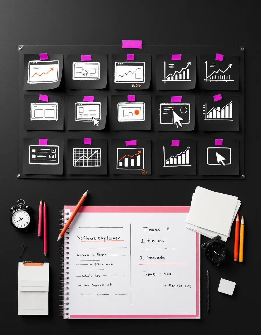 A storyboard wall of white-pencil frames on black card, pinned with magenta tape, one frame circled in orange beside a marked-up script