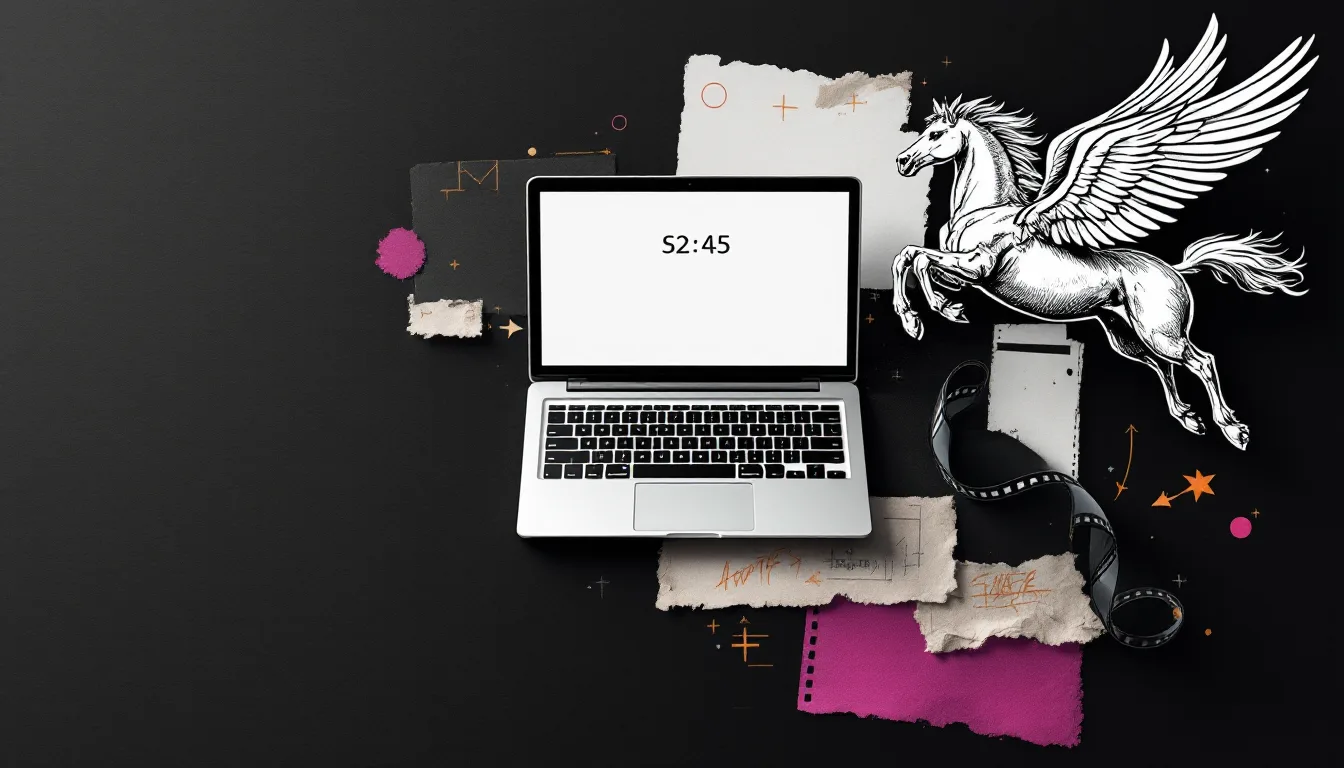 Collage of a laptop showing a software dashboard, torn storyboard frames and a leaping winged horse, marked up with magenta circles and orange timecode notes