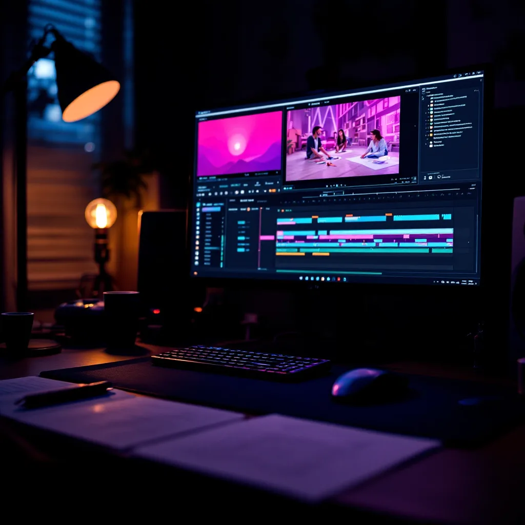 An edit decision list beside a keyboard, with a video timeline glowing on the monitor behind